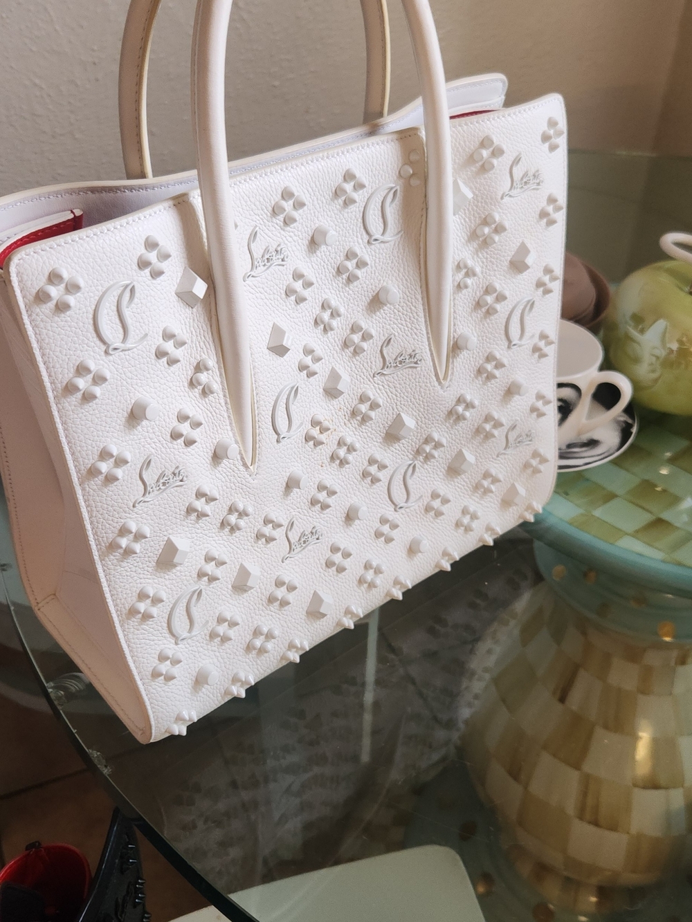 Christian Louboutin White Embossed Studded Tote Shoulder Bag